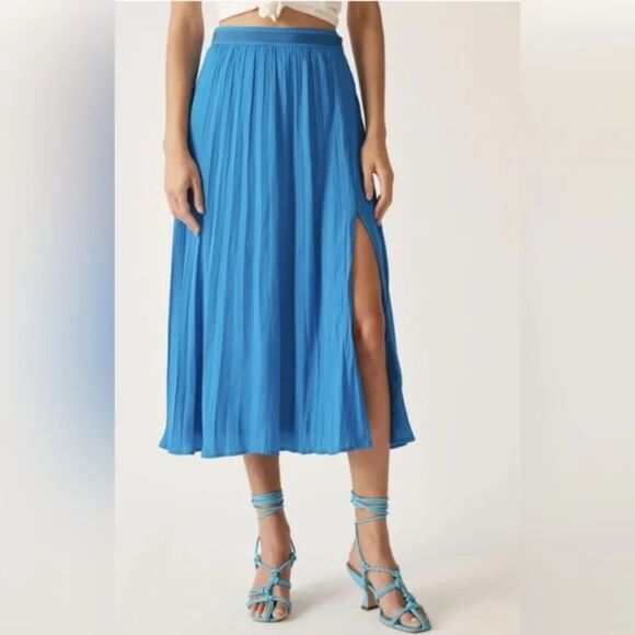 Anthropologie Pleated A -Line Midi Skirt Side Slit Satin Turquoise Size 10 P - Picture 1 of 10
